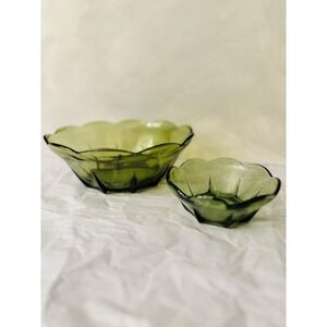 Vtg Anchor Hocking Thumbprint Avocado Green Chip Dip Bowls Set 2